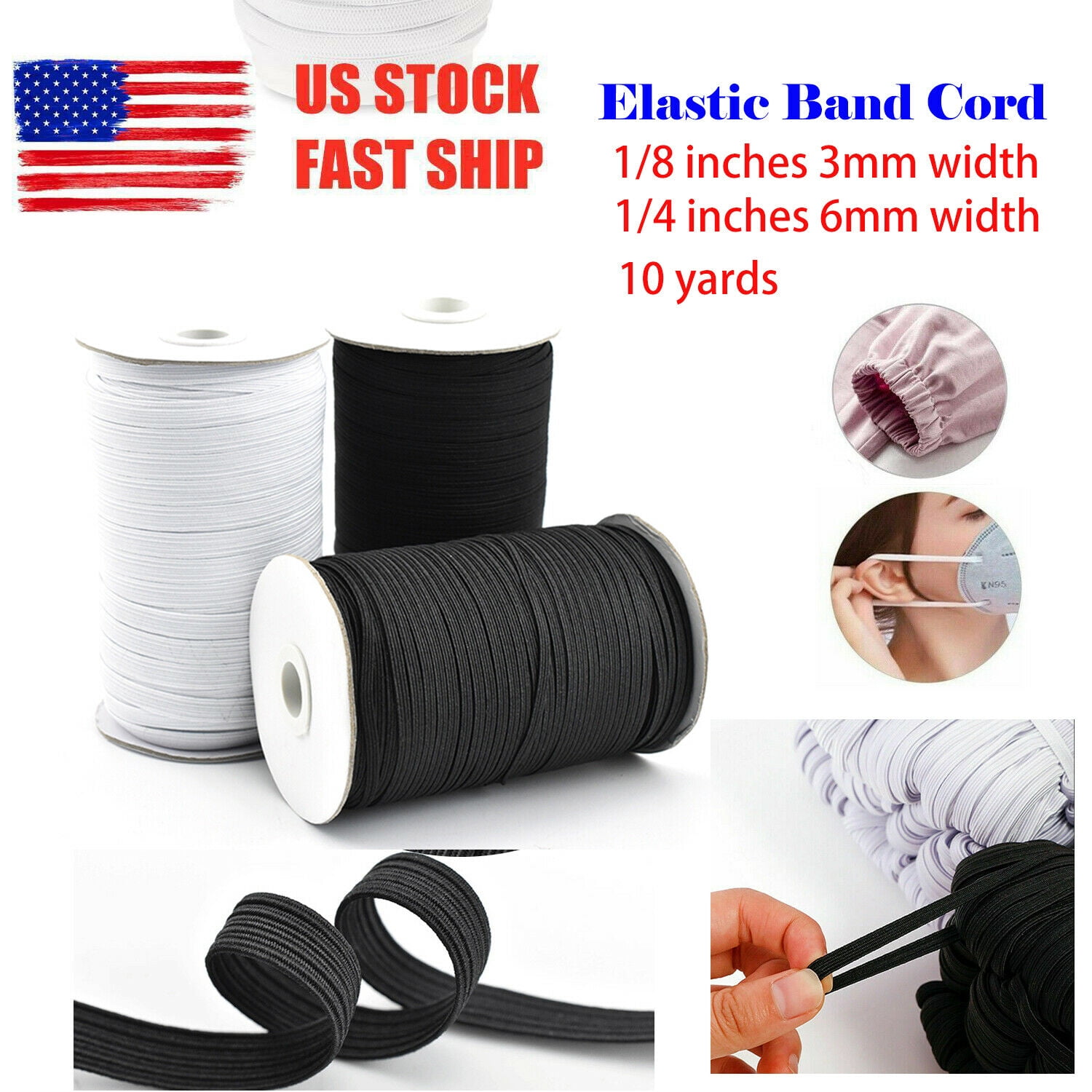 White Braided Elastic Cord 6mm Width 14.6 M Length Thatso Sewing Elastic Band/Elastic Rope/Bungee/Heavy Stretch Knit Elastic Spool Black