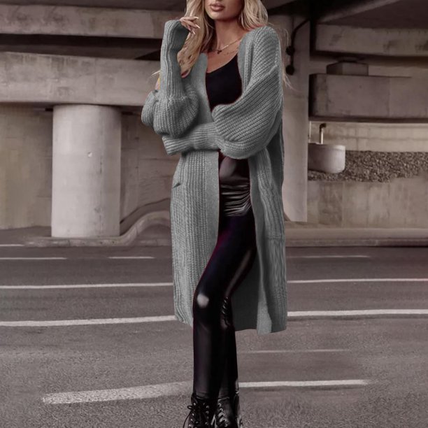 Cárdigan largo de mujer con doble bolsillo, suéter de punto, cárdigan informal de moda, top acrílico para mujer