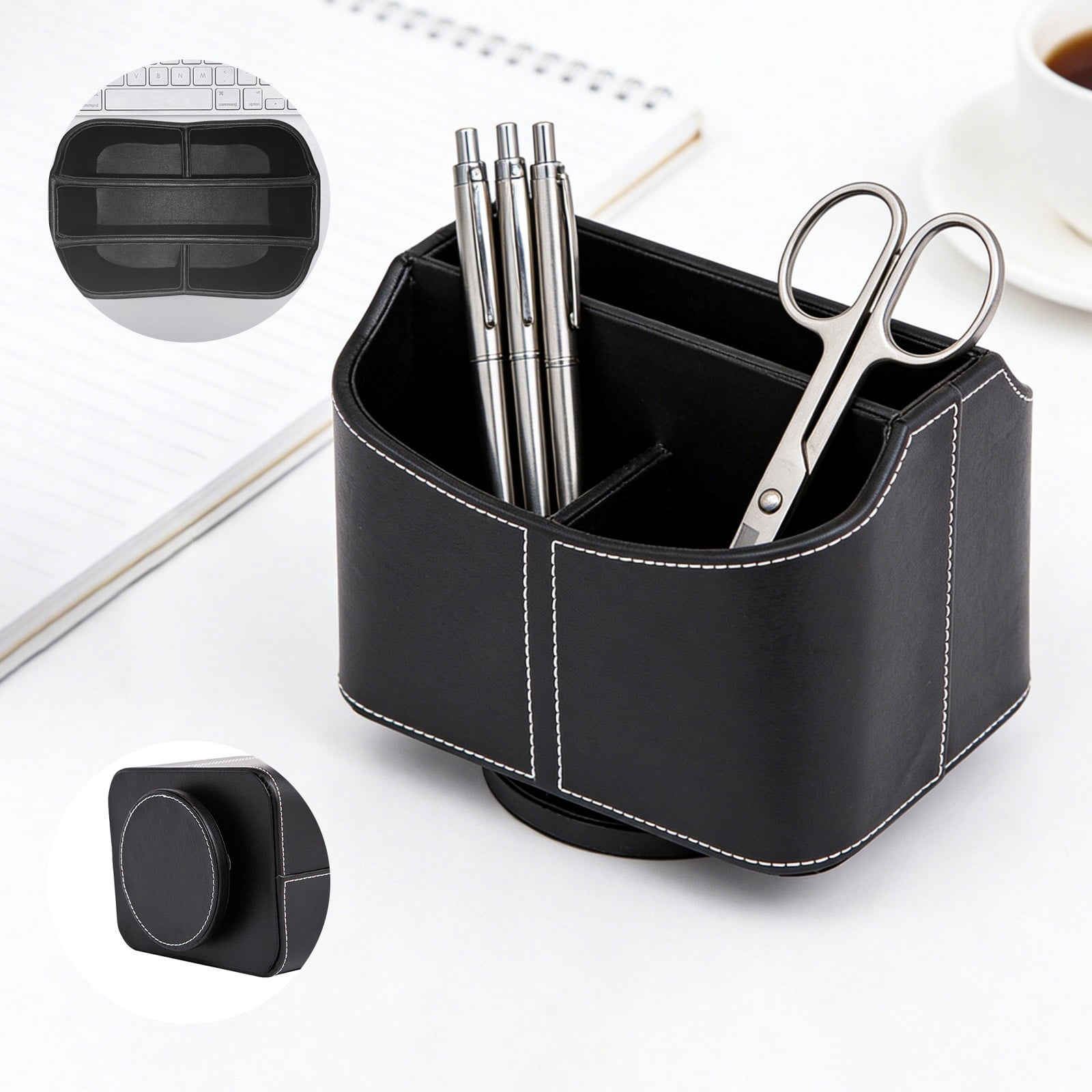 Leodye 1PCS Rotating Leather Desk Organizer, Multi-functional Pen and Remote Holder, Desktop Storage Box for Home office Desk Accessories -7.48*6.1*5.31in