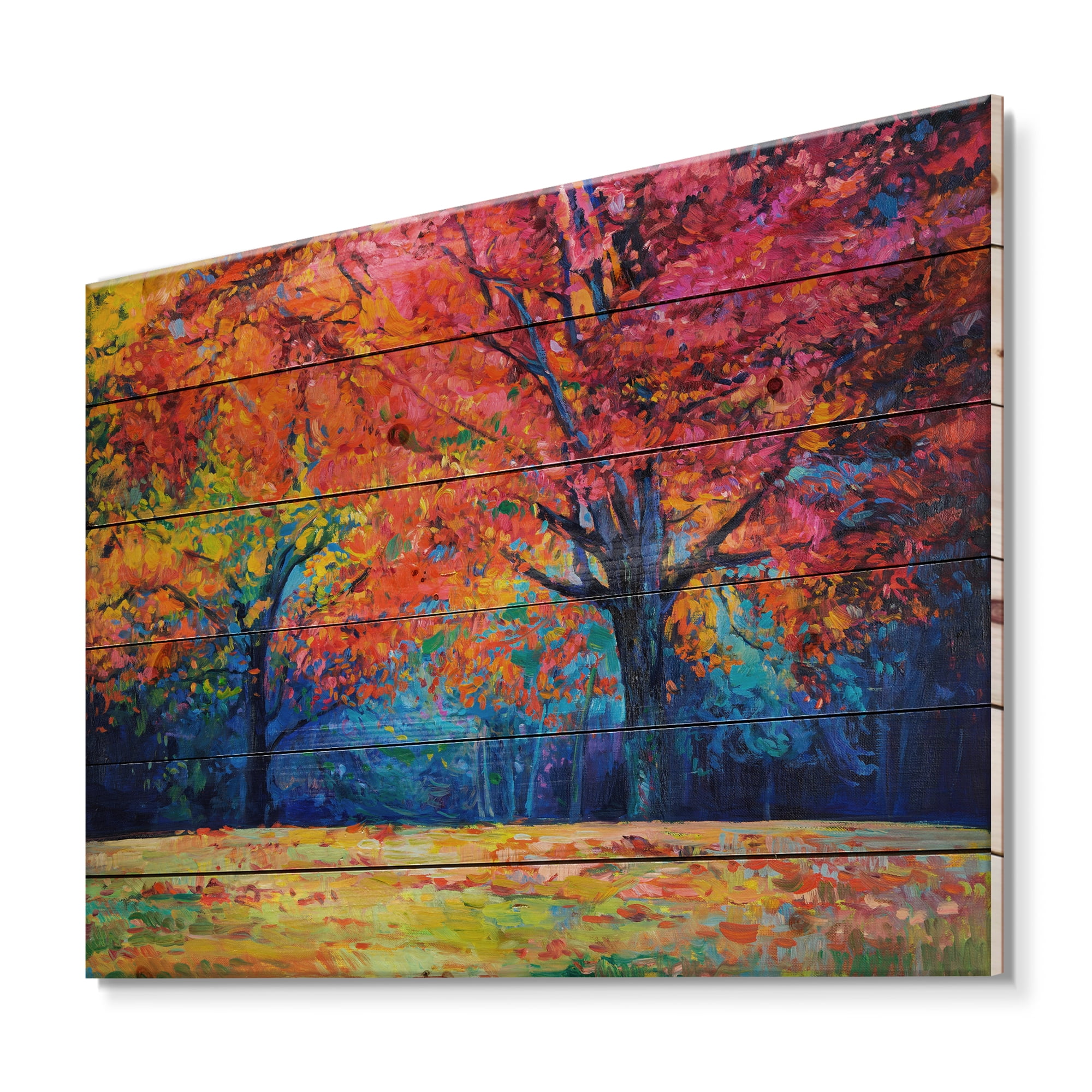 Designart 'Abstract Vibrant Red Tree In Autumn Landscape' Traditional Print on Natural Pine Wood