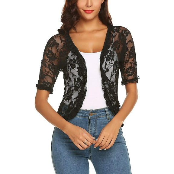 Women's Casual Lace Crochet Cardigan Short Sleeve Lace Patchwork Sheer Cover Up Jacket Open Front Bolero Shrugs