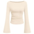 thumbnail image 4 of Long Sleeve Shirts for Women Boat Neck Bell Sleeve Ribbed Ruched Long Sleeve Tops Casual Chic Clothes Womens Sweatshirt Beige L, 4 of 4