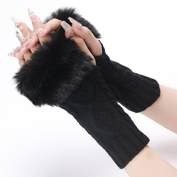 KuKuZhu Women Fingerless Gloves Winter Warm Knitted Mittens Solid Color Plush Arm Sleeves Gloves