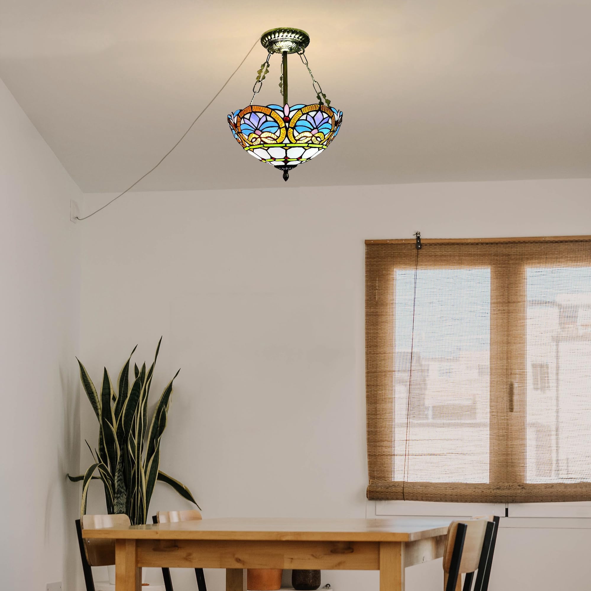 Kiven 11.8in Flush Mount Ceiling Light Fixture Dimmable, 2-Light Anti Glare Close to Ceiling Light with 15FT Plug-in Cord, Tiffany-Style Glass Chandelier for Bedroom Kitchen Hallway(No.3217)