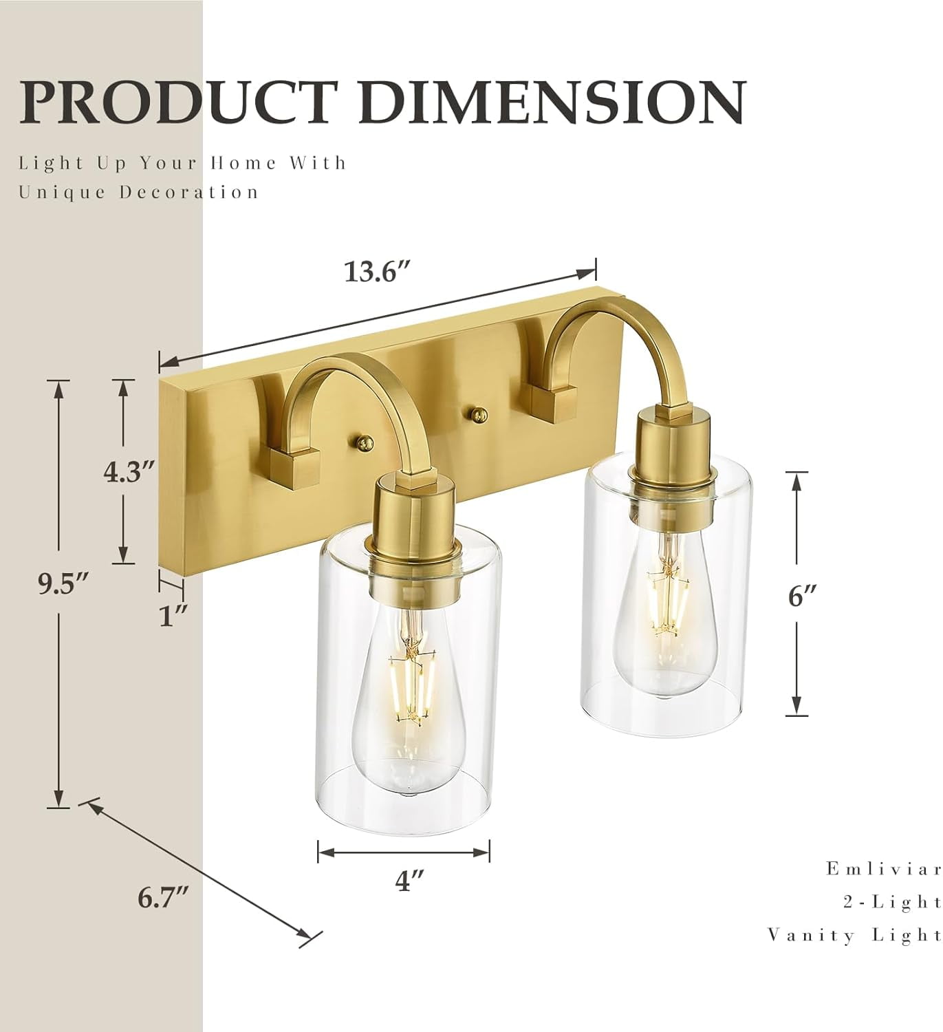 Emliviar 2 Light Brushed Gold Vanity Light, Modern Bathroom Lighting Fixture, YCE237B-2W BG