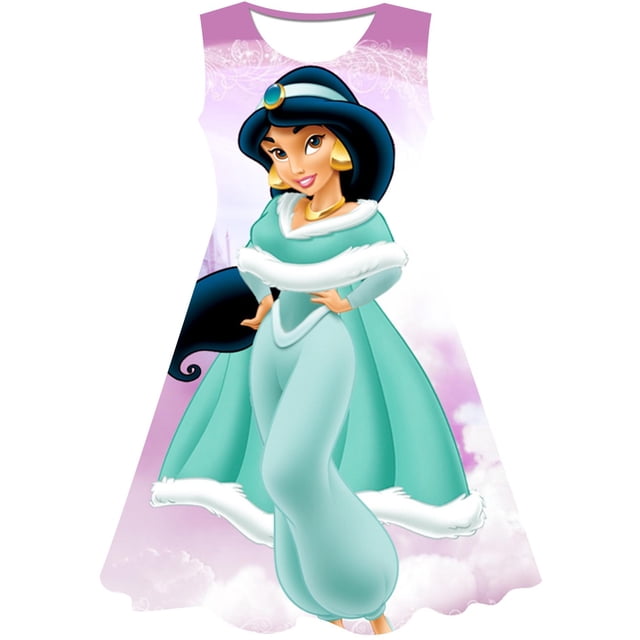 Vestido de princesa Jasmine de Disney, bonito vestido estampado para niñas, ropa informal de verano a la moda para niños, ropa para niñas con estampado 3D, manga de pétalo a la moda 7T Gao Jinjia LED
