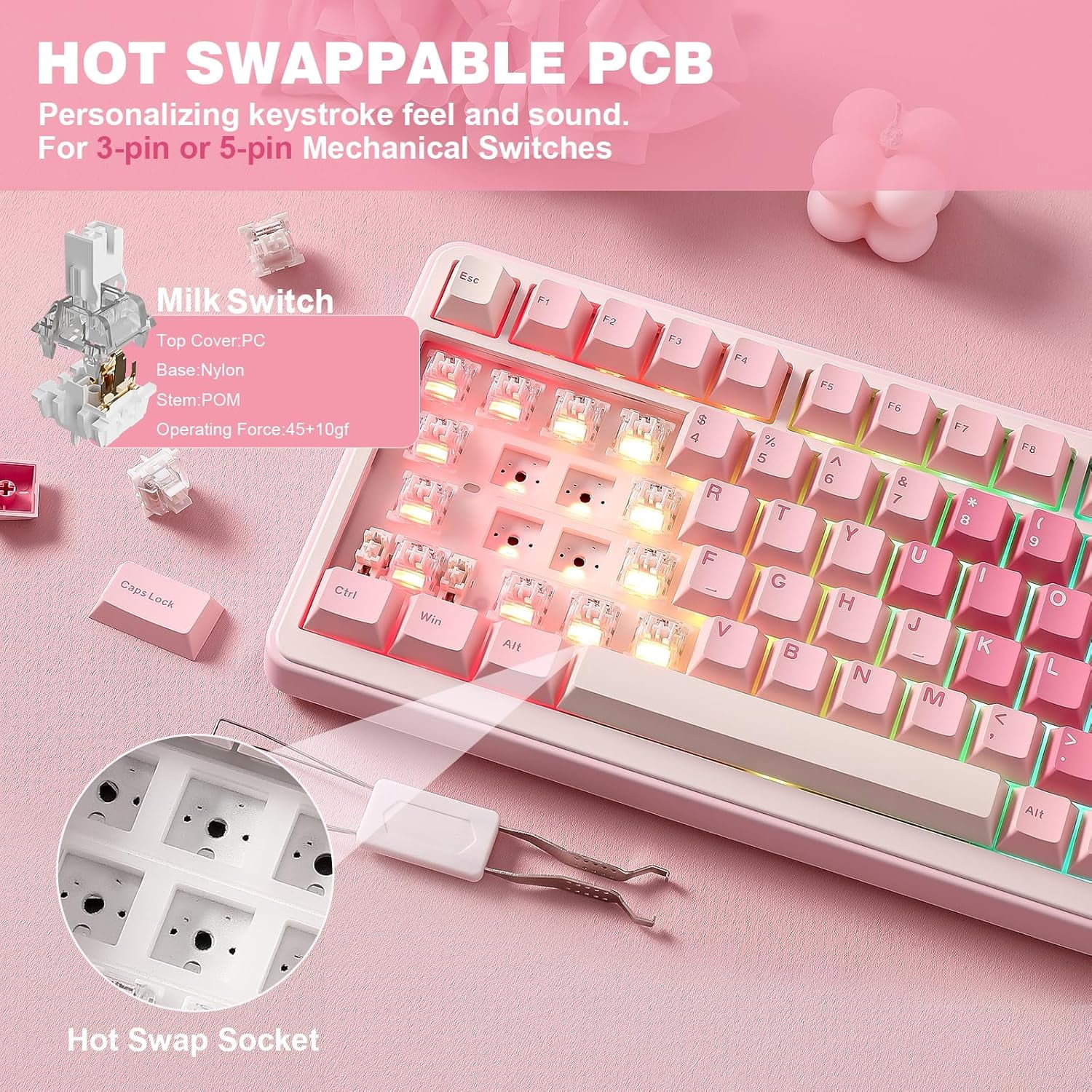 Custom 75% Layout Wireless Mechanical Keyboard with Knob, Hot-Swap Gasket Mount, RGB Backlit, Bluetooth Type-C 2.4G for Win Mac, Pre-Lubed Switches