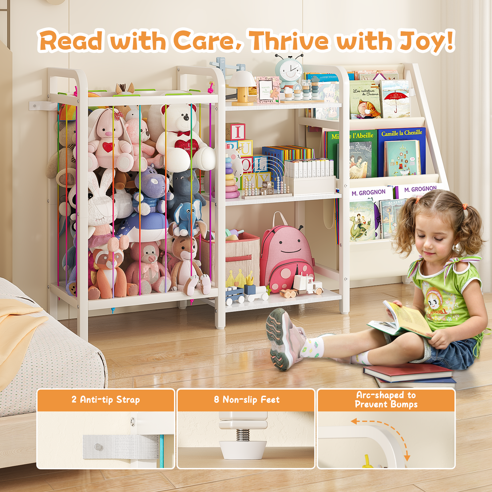 B1 Bookshelf and Toy Storage, 3-Tier Book Shelf for Rooms, Sling Baby Bookcase with Stuffed Animal Storage, Montessori Toddler Bookshelf for Nursery, Bedroom, Playroom Burlywood