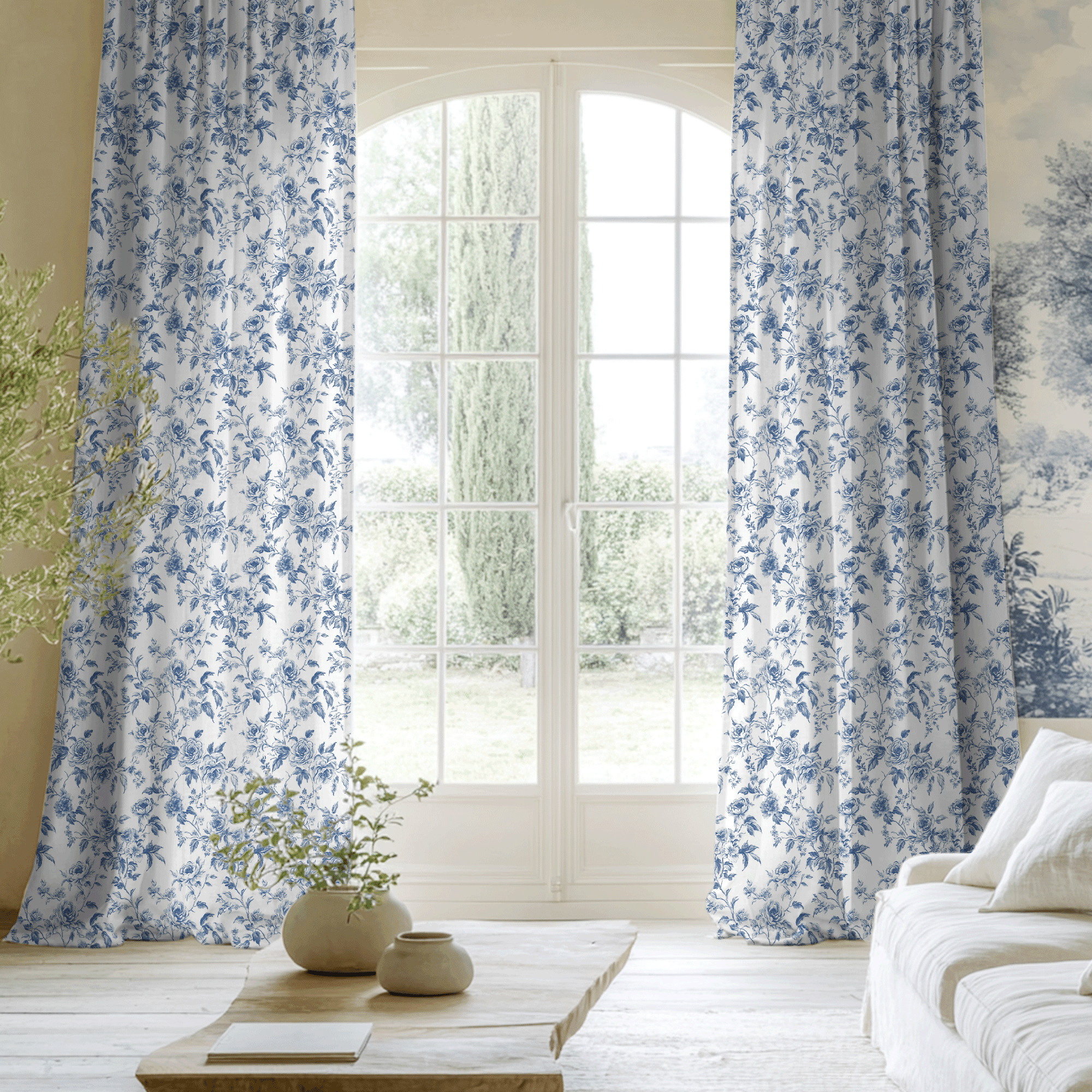 NICETOWN Floral Curtains for Living Room, Semi Sheer Linen Curtains Light Filtering Farmhouse Back Tab Window Drapes, Blue, 52"x84", 2 Panels