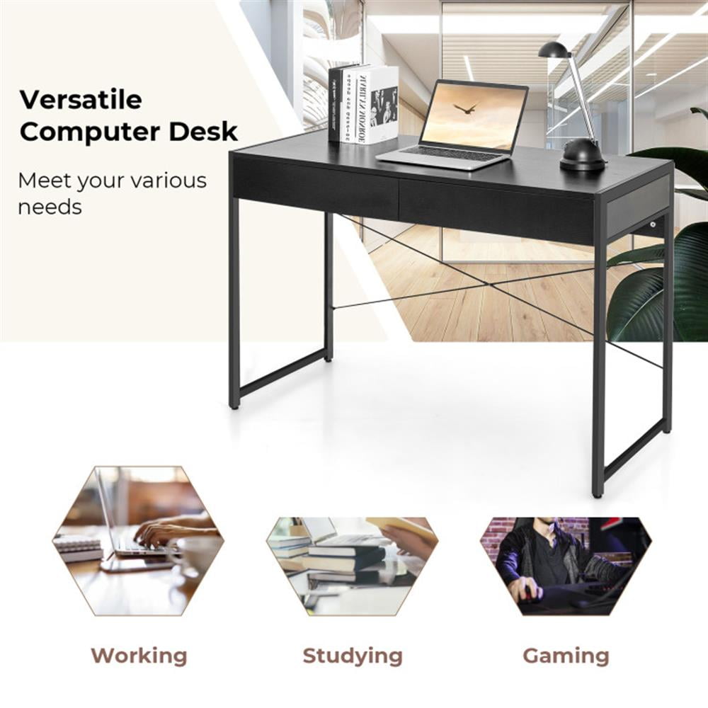Demi Bonn 2-Drawer Home Office Desk with Steel Frame, Small Home Computer Desk Study Writing Table, Black