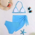 thumbnail image 5 of Pandaie Girls 3 Piece Bikini Set Halter Triangle Top Ribbed Swimsuit Cover Up Skirt Cute Swimwear Teen Backless Beach Bathing Suit 11-12 Years Blue, 5 of 7