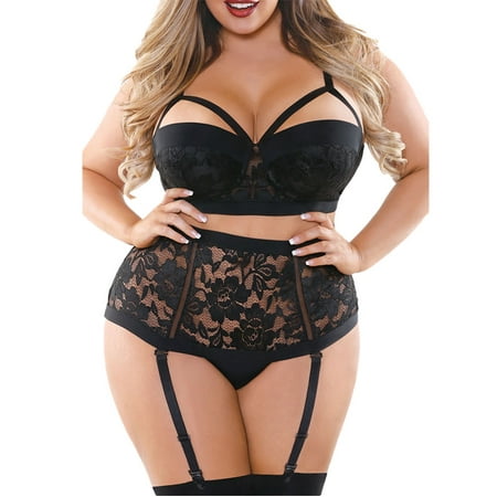 

BIZIZA Lace Sexy Lingerie Set for Women Strappy Plus Size Babydoll Lingerie High Waisted Teddy Bra and Panty Sets with Garter Black XXL