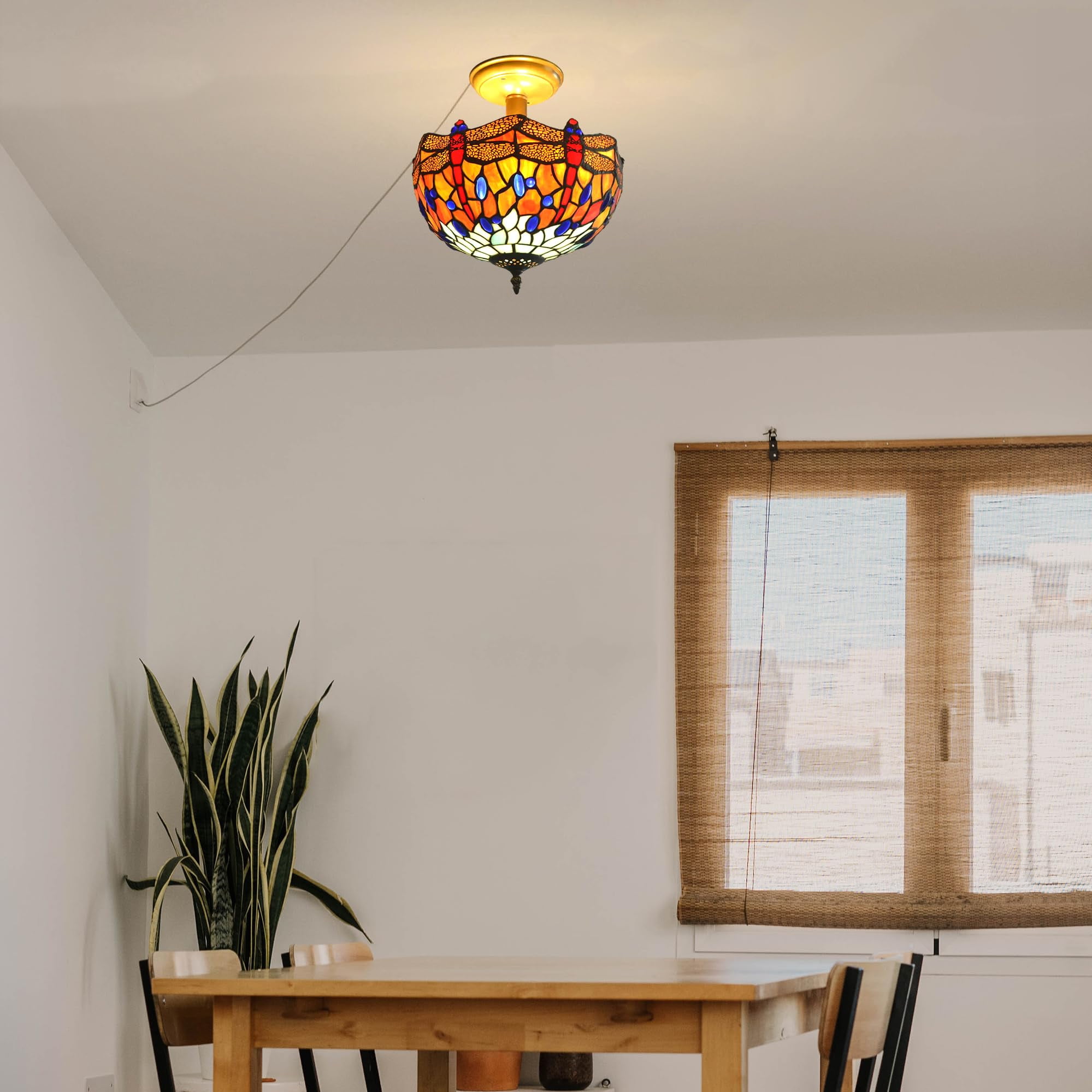 Kiven 11.8in Plug-in Flush Mount Ceiling Light Fixture, 2-Light Anti Glare Close to Ceiling Light with 15FT Cord, Tiffany-Style Glass Chandelier Dimmable for Bedroom Kitchen Hallway(No.3181)