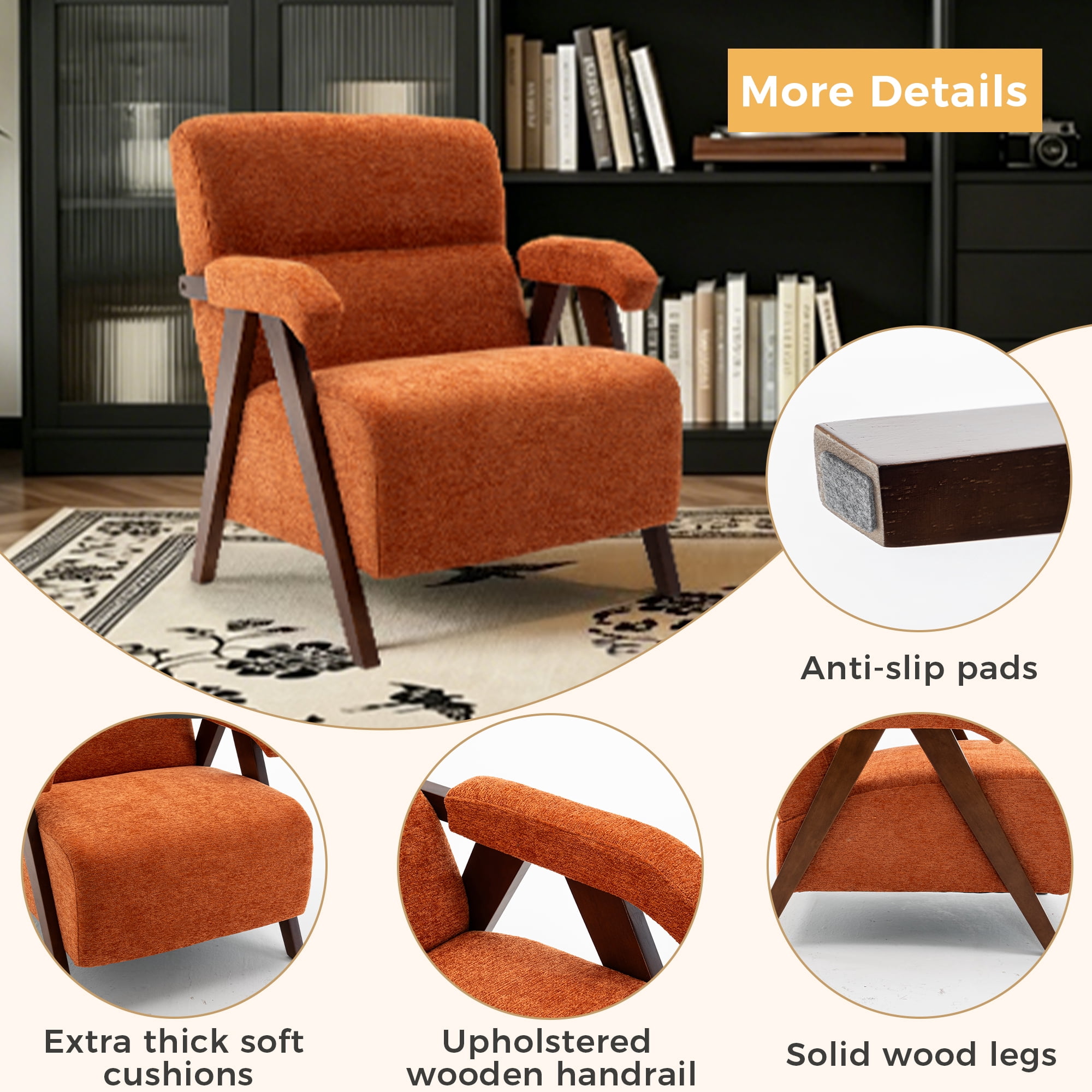 MOONMISS Mid-Century Accent Chair（Set of 2），Armchair for Living Room with Thick Cushions,Orange
