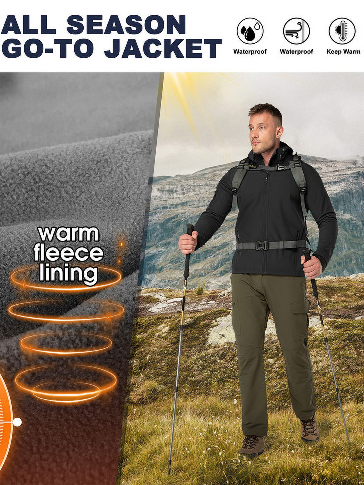 Off Road Ventures Men's Lightweight Softshell Jacket with Hood Waterproof Fleece Lined Windbreaker Outdoor Coat for Hiking