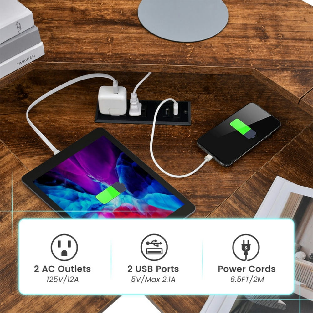 Demi Bonn L-shaped Computer Desk with Power Outlet and Monitor Stand, Small Home Office Desk Study Writing Table, Brown