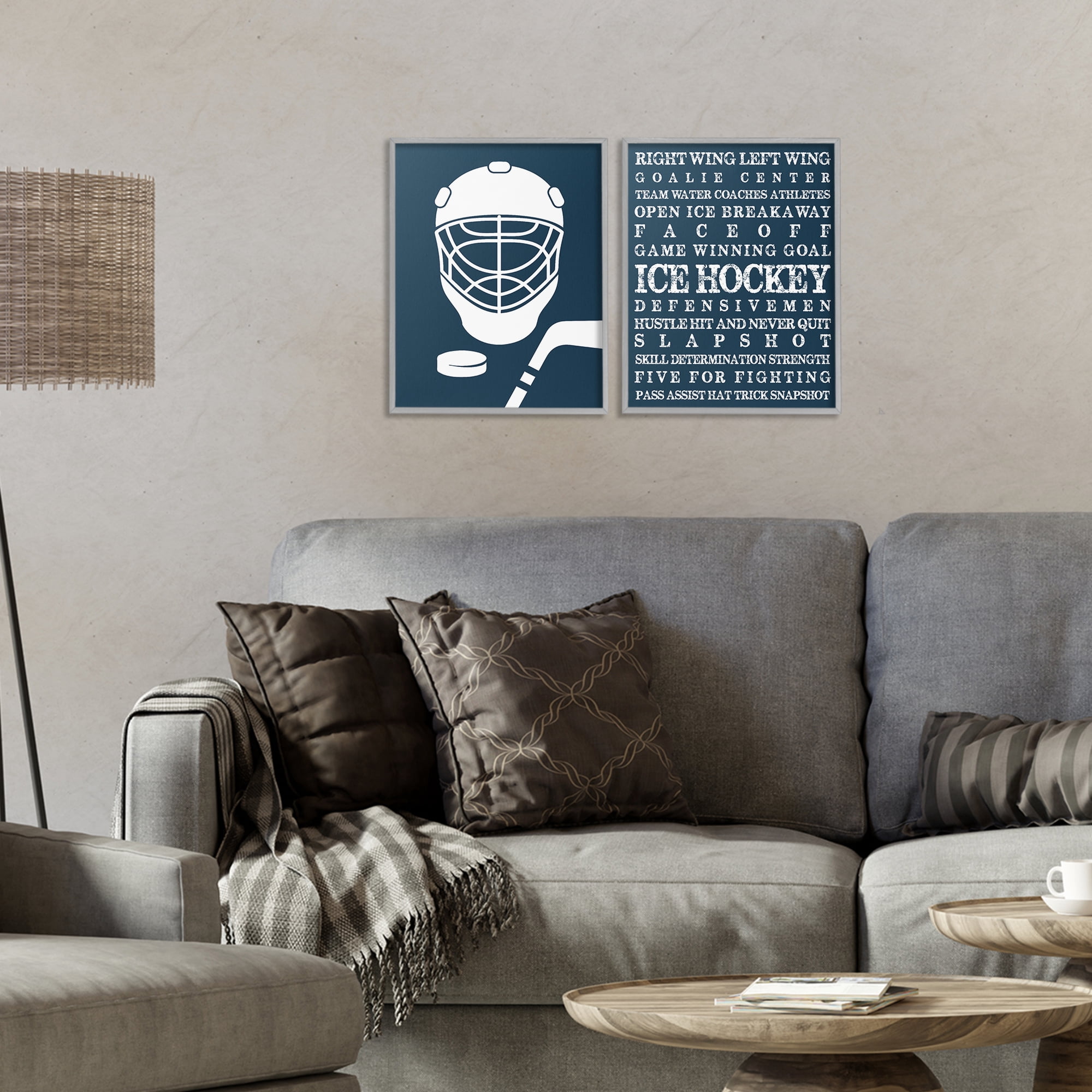 Stupell Industries Hockey Equipment & Phrases 2 Piece Gray Framed Giclee Art Set, design by Melody Hogan