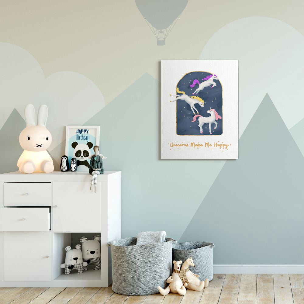 Stupell Industries Unicorns Make Me Happy Gold Blue Design Canvas Wall Art by Ziwei Li