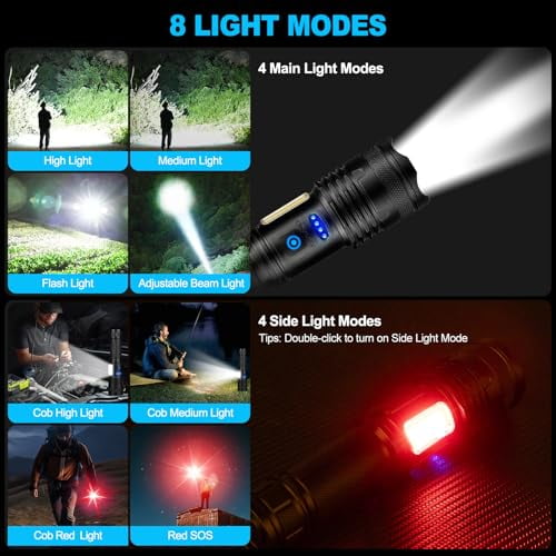 Rechargeable Flashlights High Lumens,99000LM Super Bright Flashlight,Adjustable Powerful Flash Light with 8 Modes & COB Light,Waterproof Handheld Flashlight for Home Camping