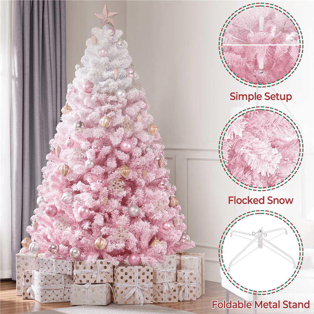 Alden Design 7.5Ft Flocked Artificial Christmas Tree with Foldable Stand, Pink Gradient