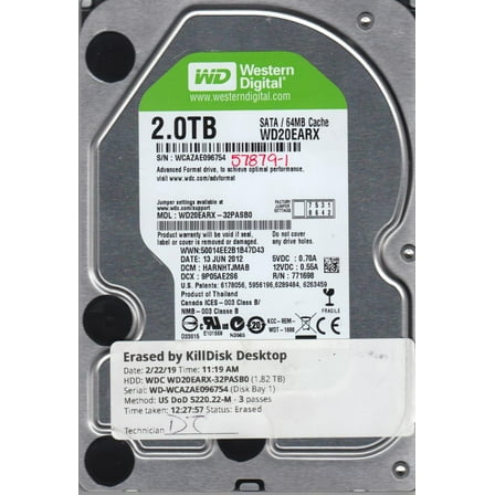 WD20EARX-32PASB0, DCM HARNHTJMAB, Western Digital 2TB SATA 3.5 Hard Drive