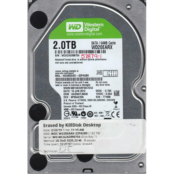 WD20EARX-32PASB0, DCM HARNHTJMAB, Western Digital 2TB SATA 3.5 Hard Drive