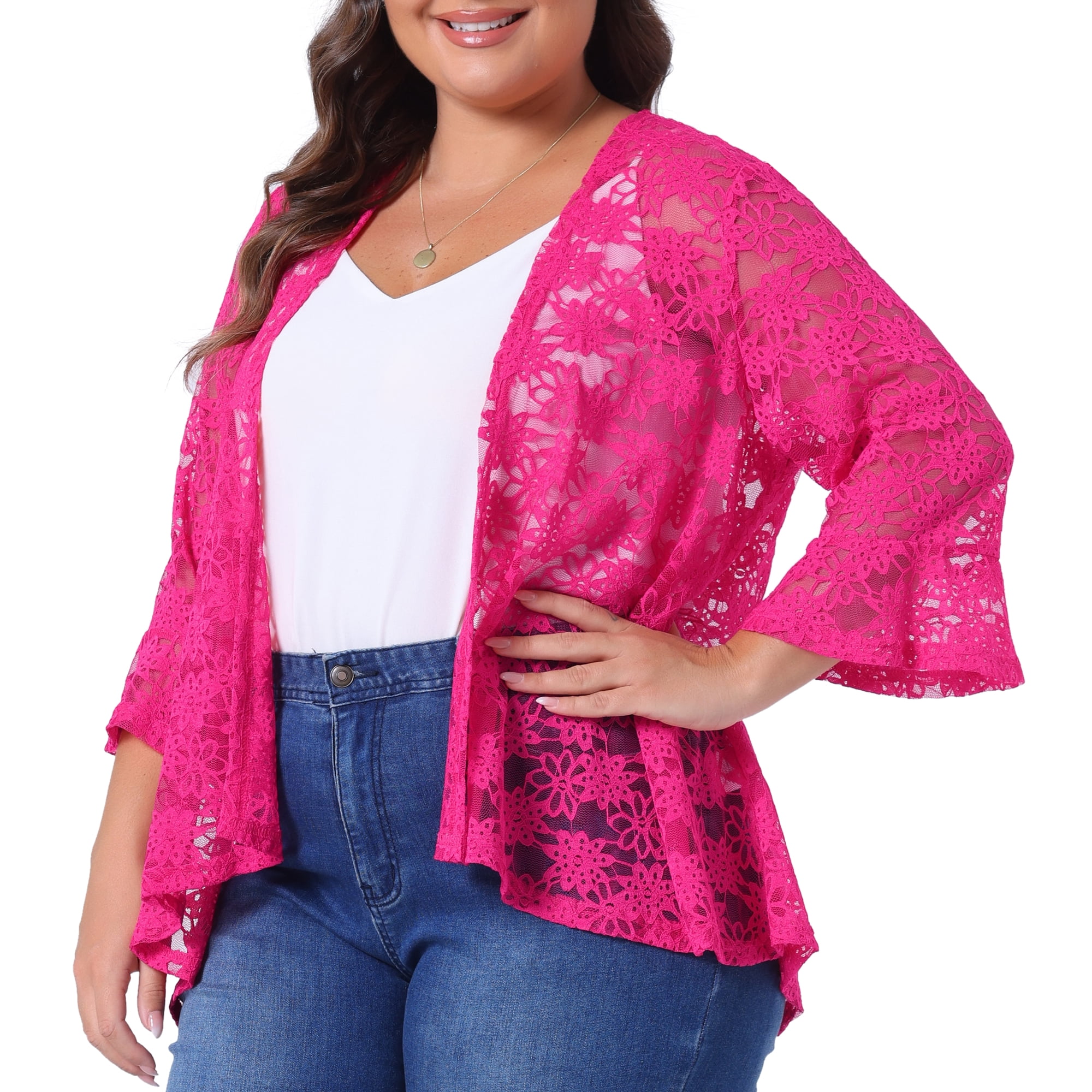 DARING DIVA Women's Plus Size Open Front 3/4 Sleeve Sheer Lace Cardigan L Hot Pink