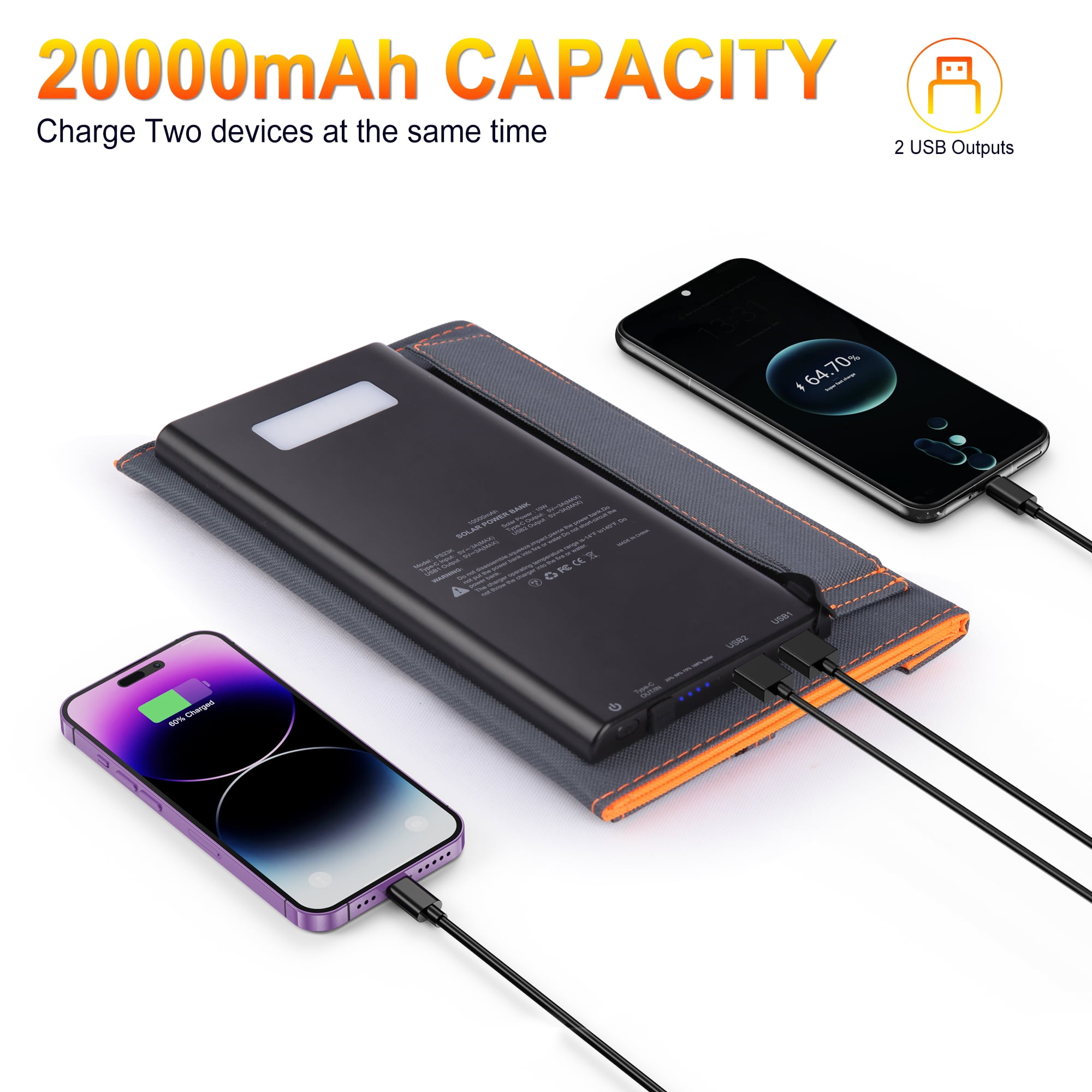 OWNTECH Solar Charger, 20000mAh Outdoor Waterproof Portable Power Bank，5V USB Ports Output for Smartphones iPhone Tablets Outdoor Camping Hiking (Orange)