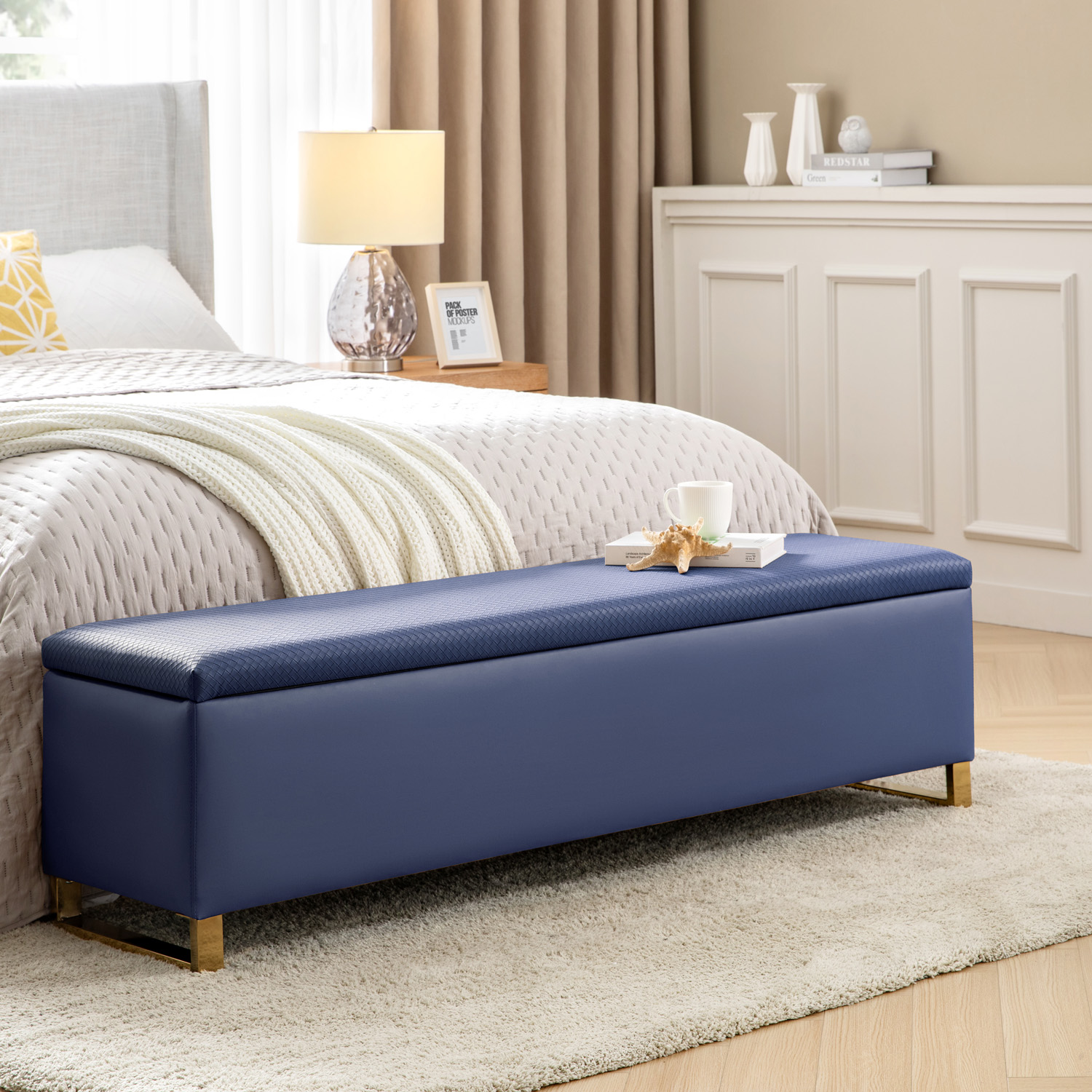 Tina's Home Storage Bench with 2 Ottomans,  Upholstered Entryway Bench with Stainless Steel Legs Modern Seating for Living Room, Bedroom Navy
