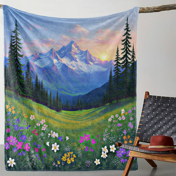 1pc Zeal Lily Flannel Blanket - Vintage Mountain Meadow Landscape with Wildflowers, Snow-Capped Peaks & Pine Trees - Soft Warm All-Season Throw for Couch, Bed, Camping, Travel - Cozy Nature-Inspired