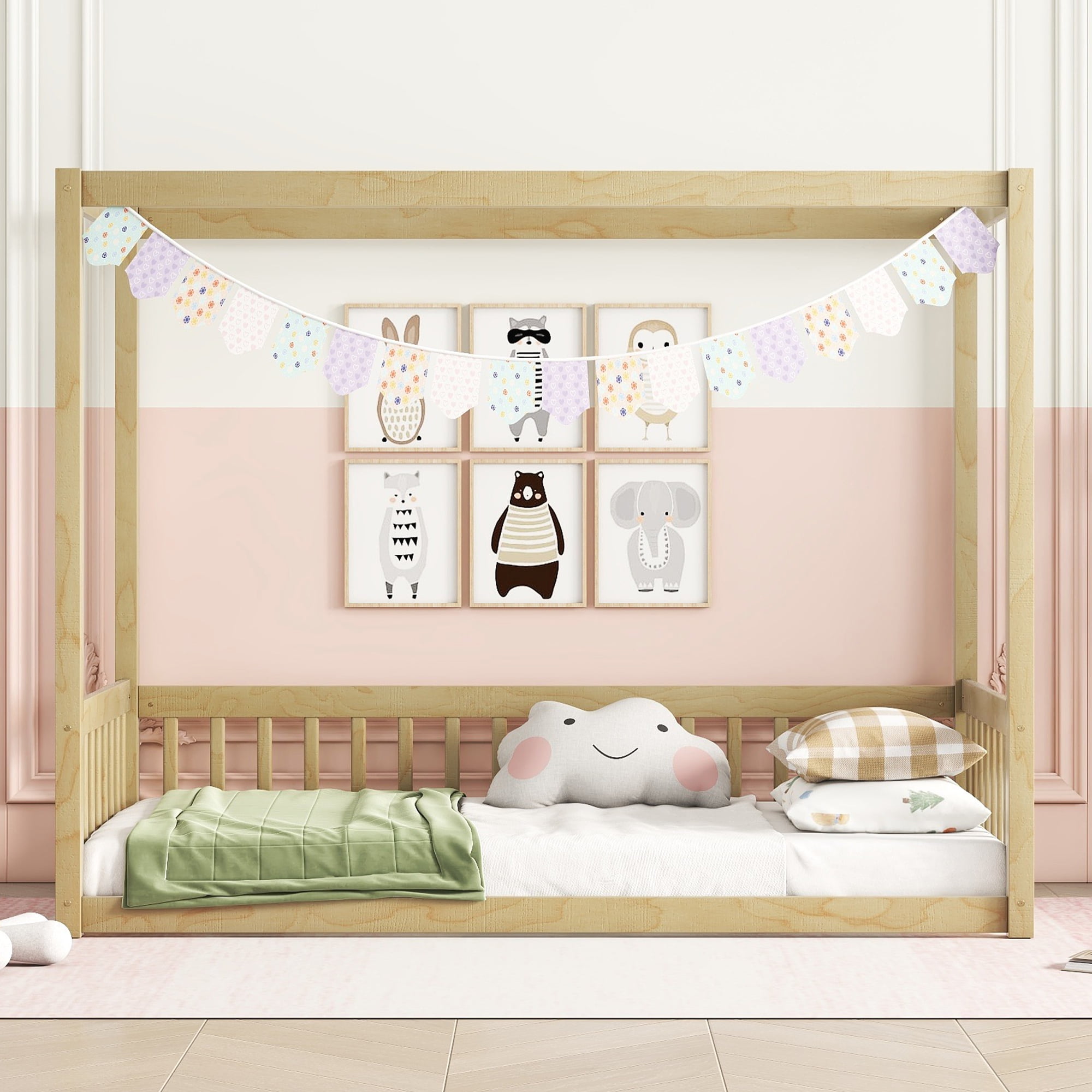 Yoneston Twin Size Canopy Frame Floor Bed Frame with Guardrails, Montessori Floor Bed with Fence for Kids Girls Boys Bedroom Furniture, Natural