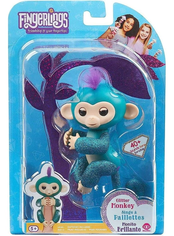 Fingerlings Glitter Monkey - Quincy - Teal Glitter - Interactive Baby Pet - By WowWee ( Exclusive)