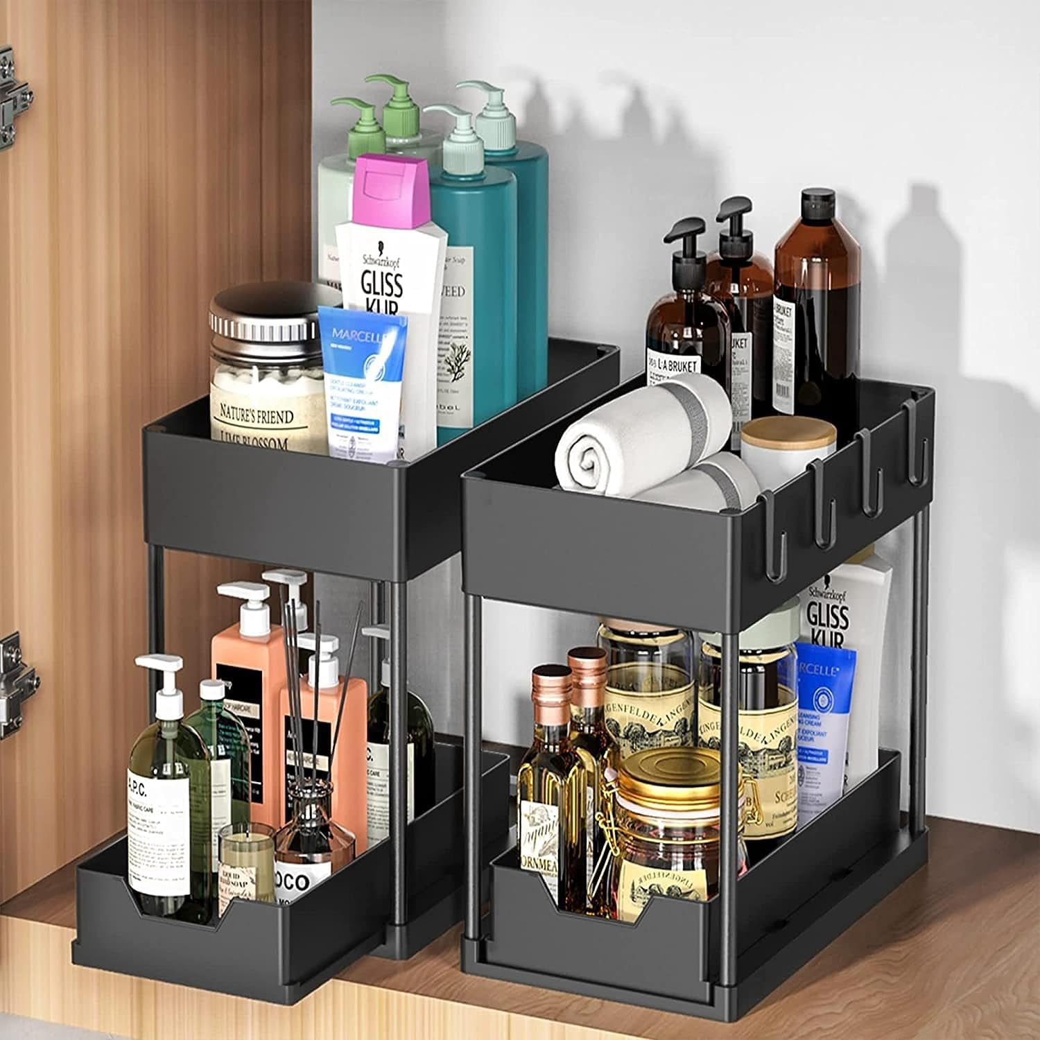 Under Sink Organizer, Bathroom Cabinet Organizer, 2 Tier Organizer Drawer with 4 Hooks & Sliding Cabinet Basket - Kitchen Organizer for Sink, Bathroom, Tabletop (Black)