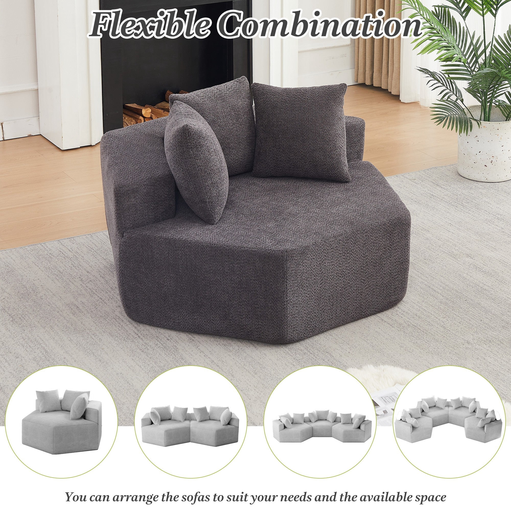 Sailvan 2PCS 54" Modern Hexagonal Modular Lounge Chair, Chenille Circular Sofa with Pillows, Modular Seating for Living Room & Bedroom Grey