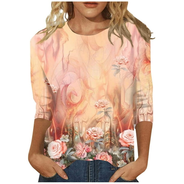 Camisas de manga 3/4 para mujer Camisetas gráficas con estampado lindo Blusas Casual Tallas grandes Tops básicos Jersey rosa / XL