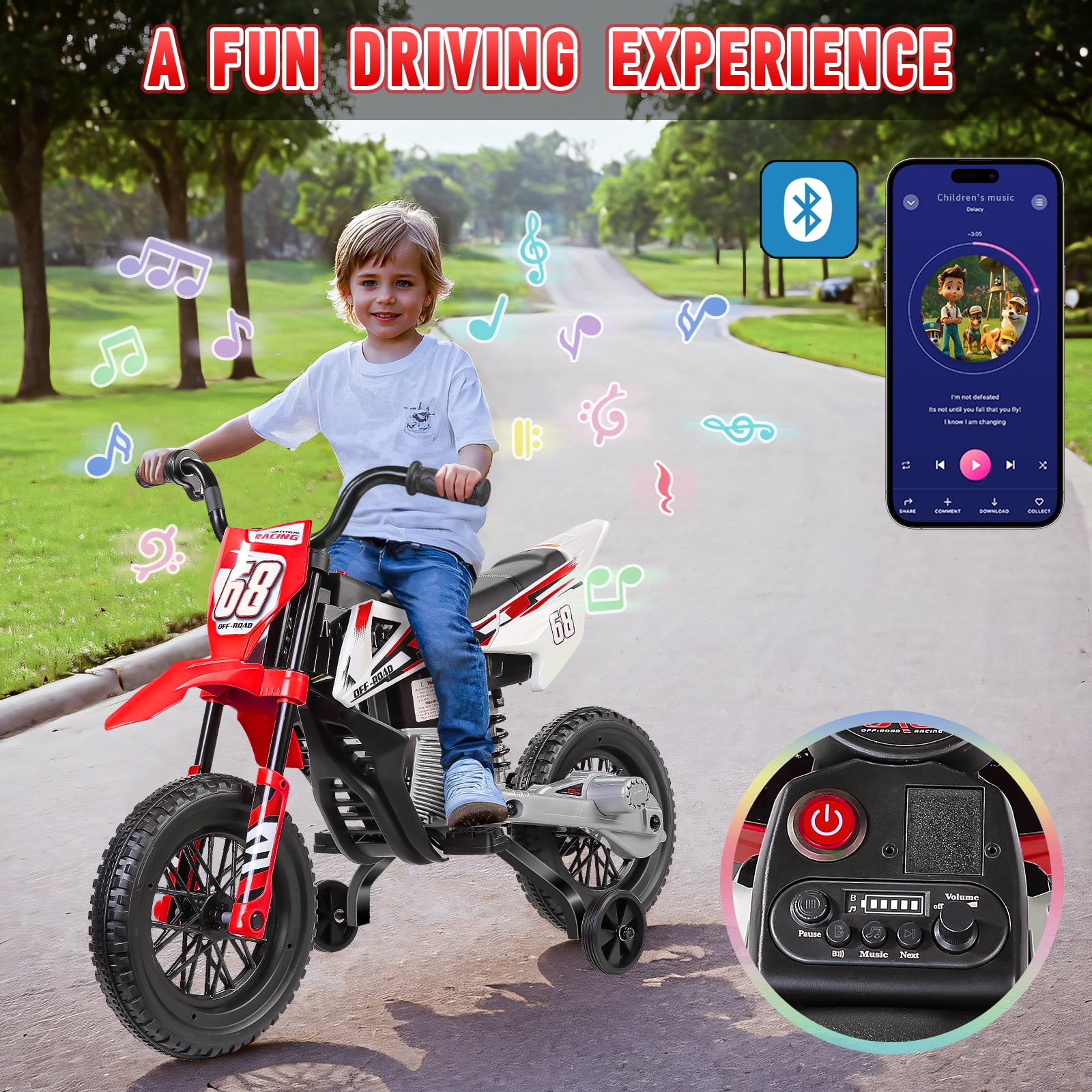 Farmdex 12V Ride on Motorcycle for Kids, Electric Dirt Bike with 2 Training Wheels, Electric Motorcycle with Twist Grip Throttle, Built-in Music, 30W*2 Motors, Red