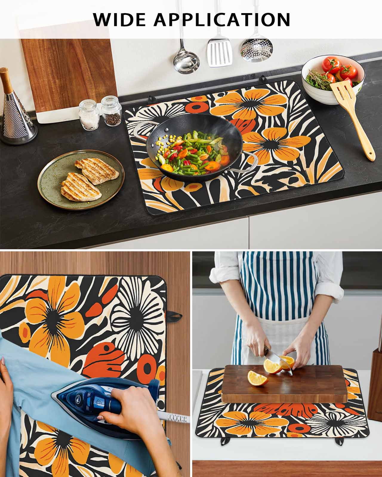 nqOlkjepod Large Induction Cooktop Protector Mat 24"x21", Orange Yellow Black Botanical Stove Top Covers for Electric Stove, Modernism Spring Floral Stove Burner Cover Mats, Glass Top Stove Cover