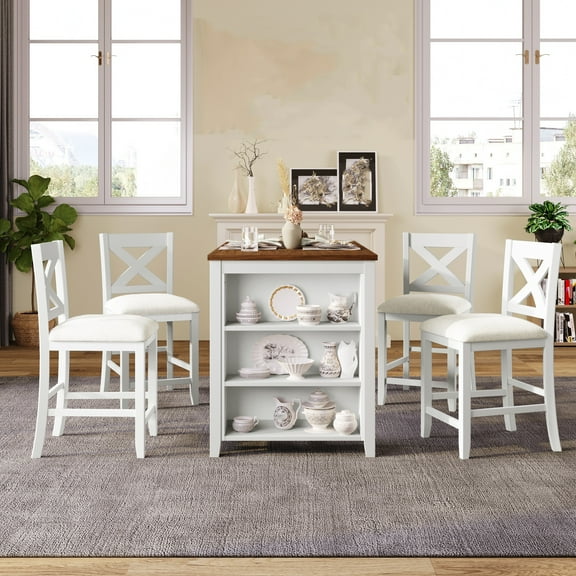 5-Piece Counter Height Dining Table Set, Rustic Farmhouse Wooden Bar Table Set with 4 Upholstered Chairs, Table Chairs Set For Kitchen Dining Room