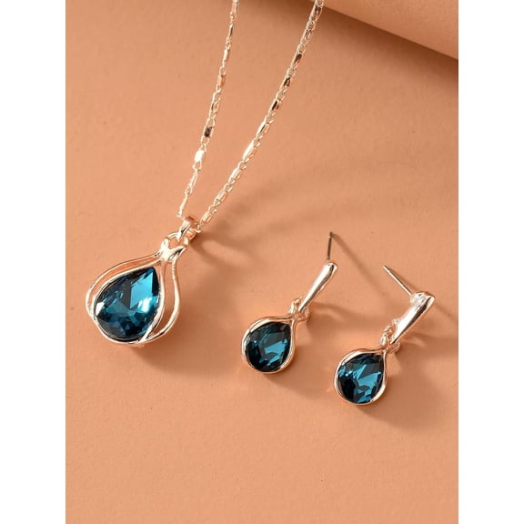 EOEMY Rhinestone Water-Drop Pendant Necklace & Drop Earrings Jewelry Set Jewelry Gift-Default