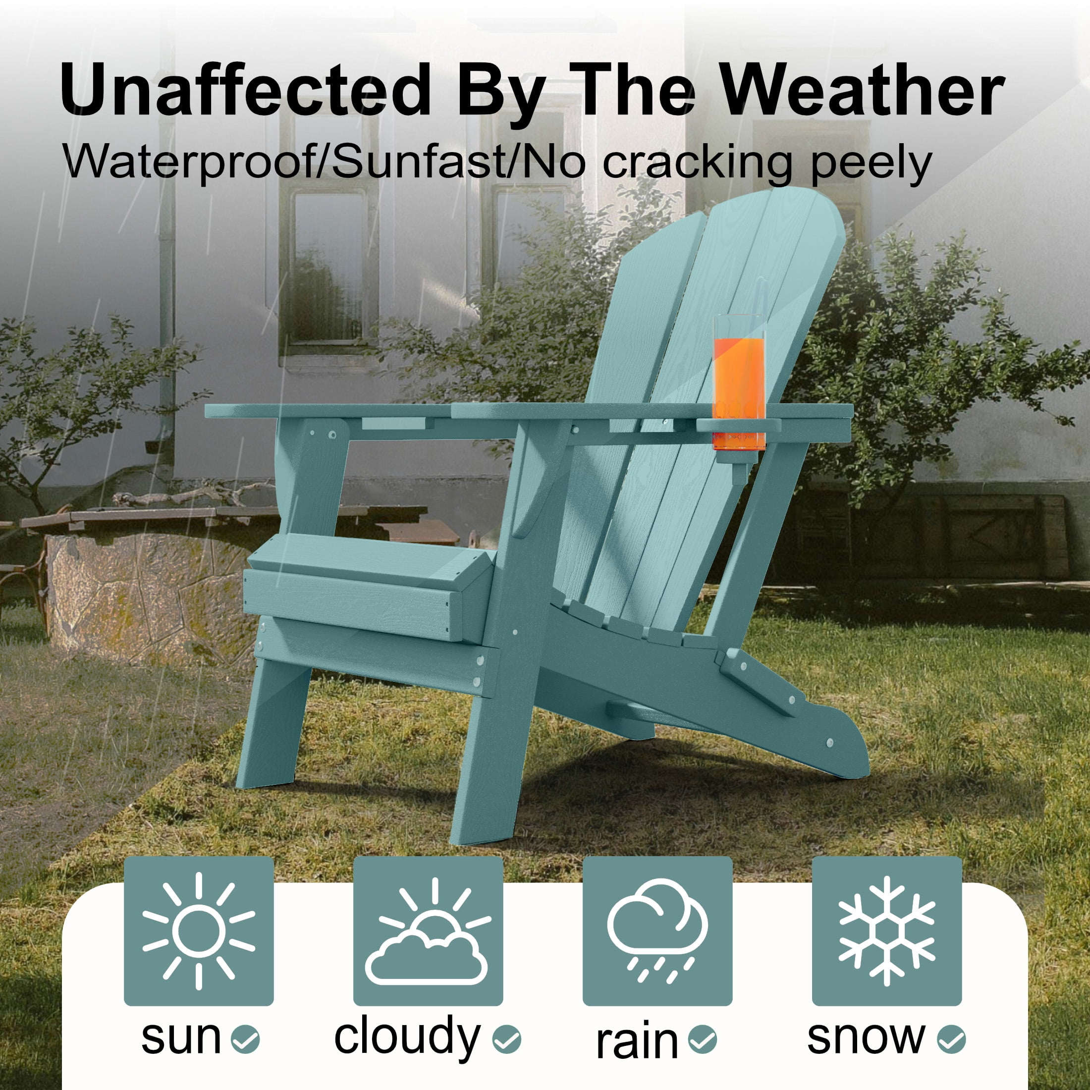 Adirondack Chair,HDPE All-Weather Patio Chairs Outdoor with Cup Holder, Lawn Chair with Weather Resistant for Outside Deck Lawn Garden, Weight Capacity Up to 380 Lbs –Aruba Blue