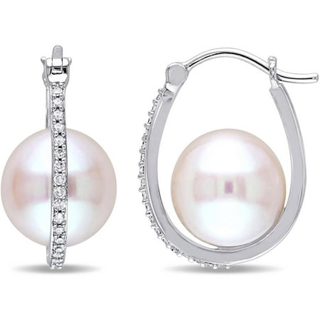 Miabella 9.5-10mm White Round Cultured Freshwater Pearl and 1/7 Carat T.W. Diamond 10kt White Gold Round Dangle Earrings