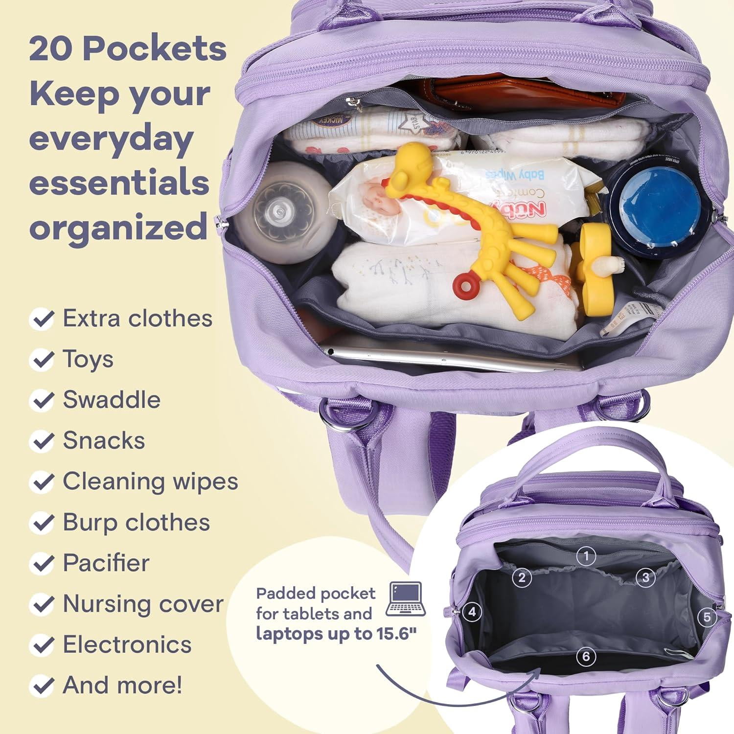 Ruvalino Multifunction Diaper Bag Backpack, Waterproof Baby Travel Bag for Newborns, Infants, and Toddlers, Taro Purple