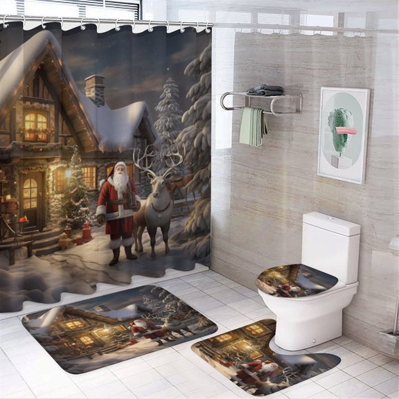 Santa Claus Reindeer Vintage 4PCS Shower Curtain Sets with Rugs with Non-Slip Bath Mat Toilet Rug，72" X 72"