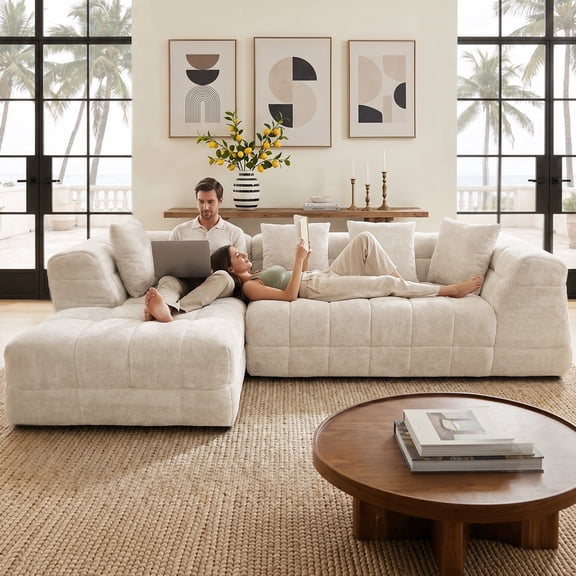 Sonovafurn 104.7" Modern L Shaped Chenille Sectional Sofa with Chaise, Deep Seat Upholstered Couch with 5 Pillows, Tufted Cloud Couch for Living Room, Ivory White