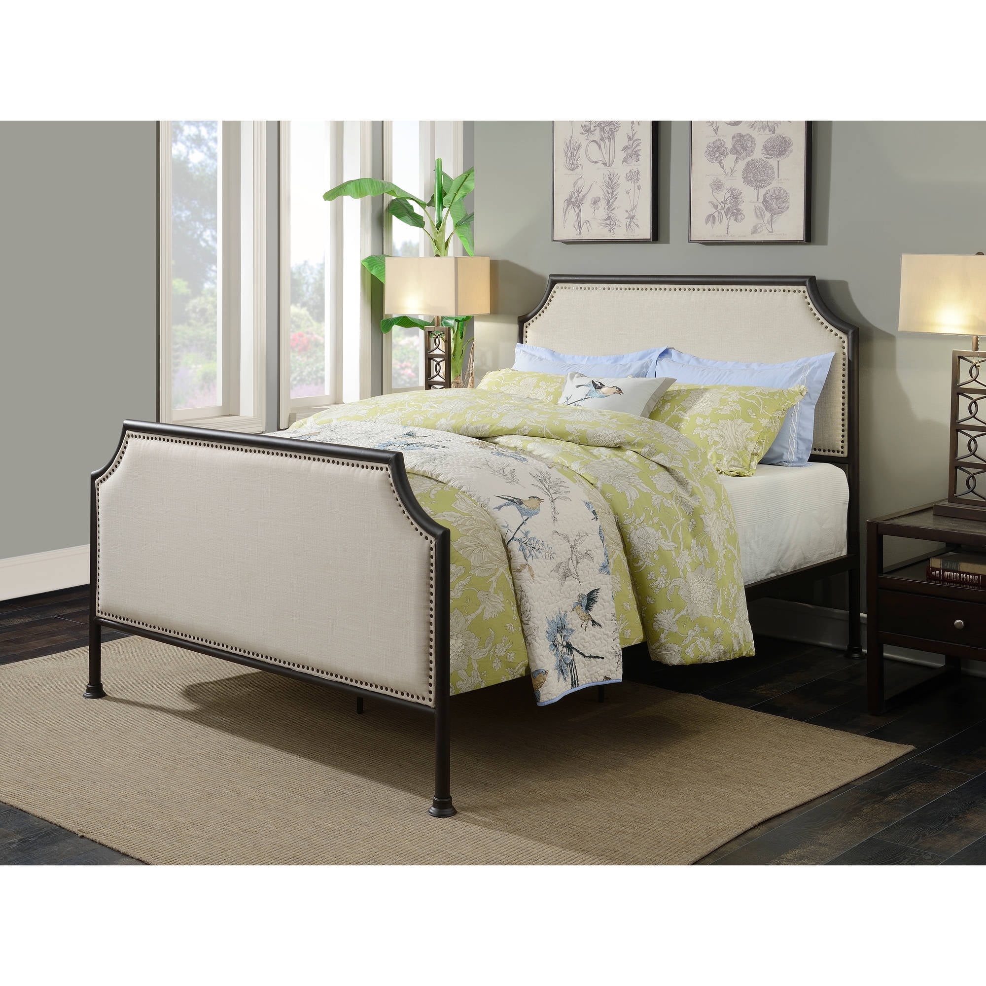 HomeFare Industrial Clipped Corner Upholstered Panel Queen Metal Bed
