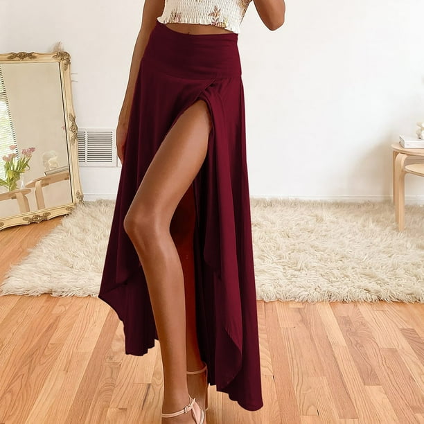 Faldas acampanadas de color liso para mujer, ropa de calle elástica informal elegante con dobladillo dividido FLhrweasw Nuevo