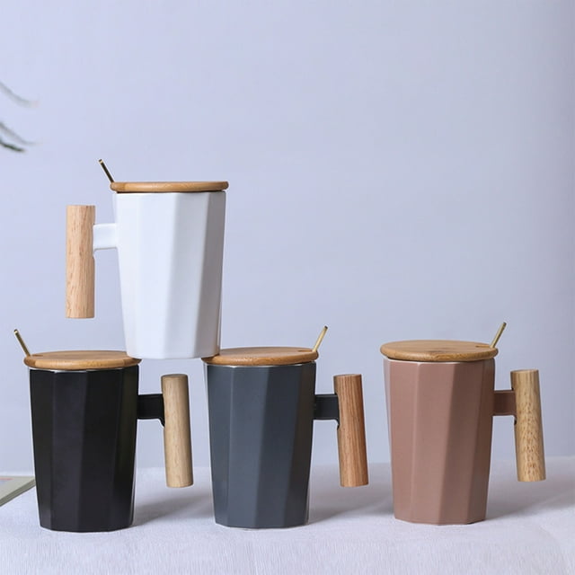 Birdeem Hexagonal Ceramic Mug with Wood Lid – 4.44"X4.52", 4 Colors, Eco-Friendly for Coffee & Tea