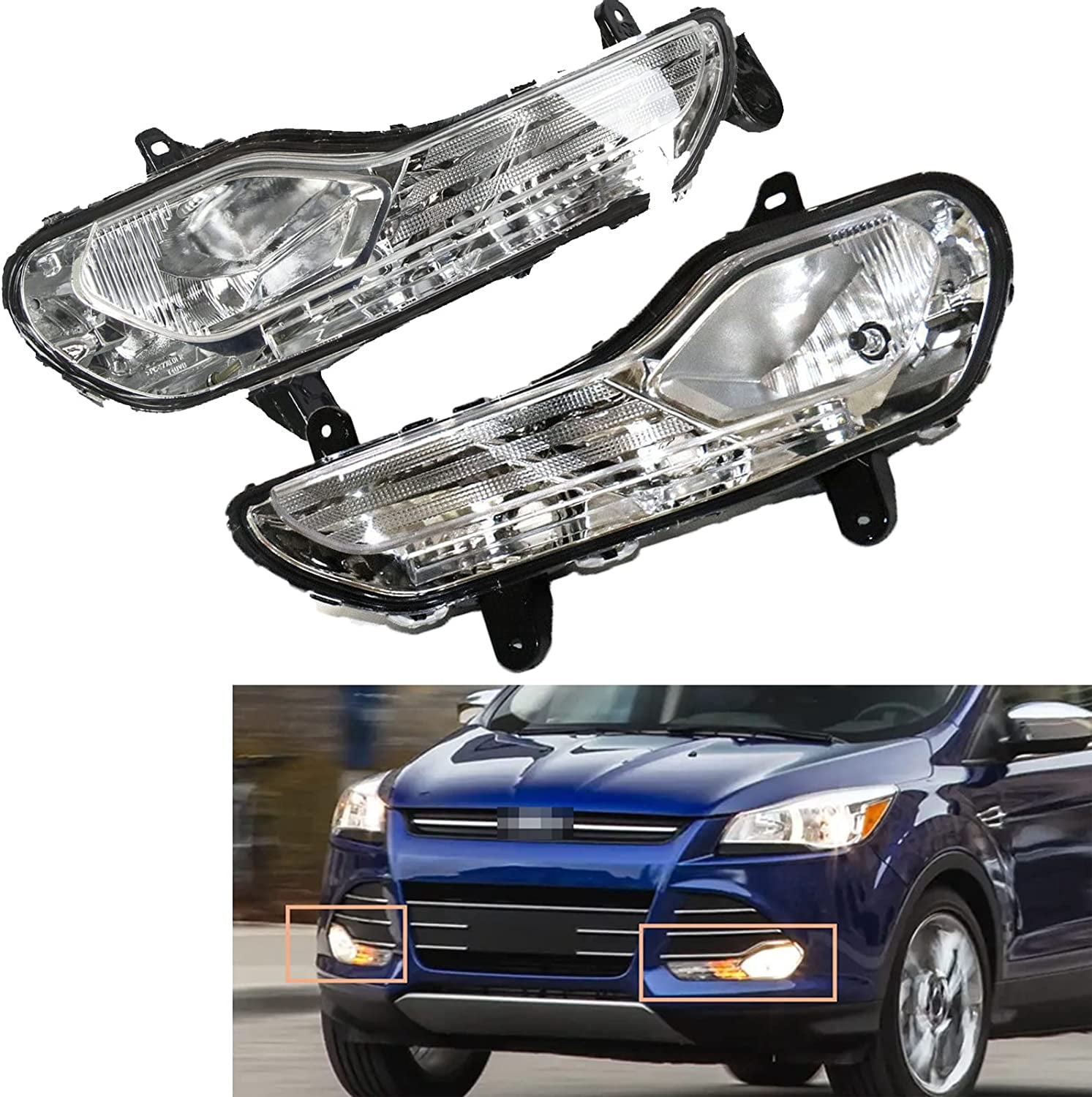 DENEST For 2013 2014 2015 2016 Ford Escape Fog Light Assembly, Driver and Passenger Side Bumper Fog Light Lamp Left+Right Clear Lens Bumper Fog Light Lamp
