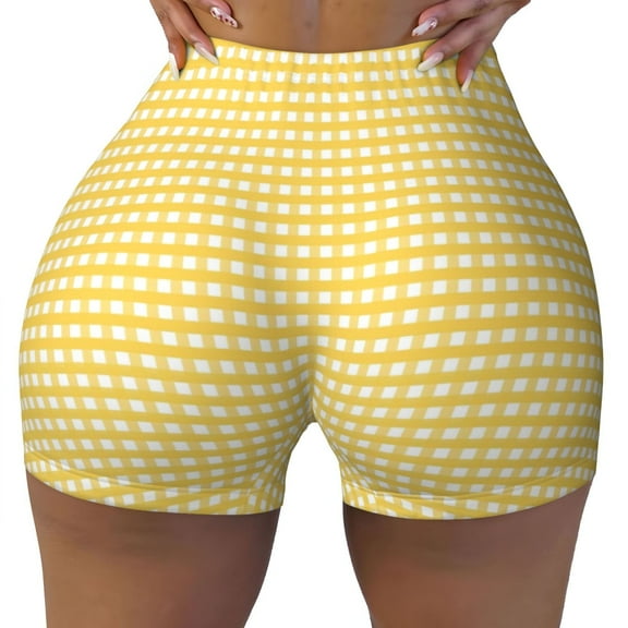 Seamless Workout Shorts Women - Yellow Gingham Biker Gym Running Yoga Spandex Shorts for Women