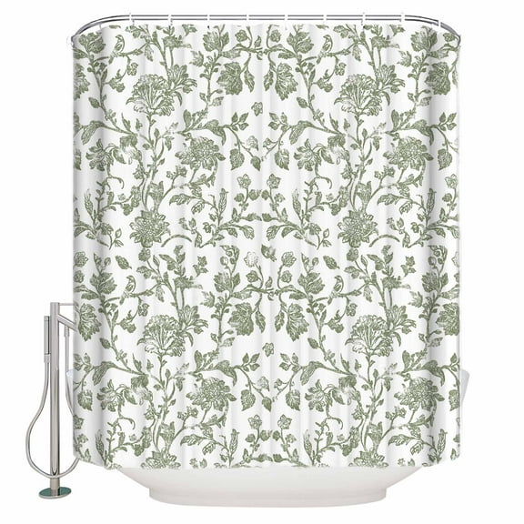Extra Long Shower Curtain 72x84 Inch, Sage Green Flower Shower Curtain Waterproof Bathroom Decor Vintage Farmhouse Boho Leaf Spring Fabric Bath Curtain Set Accessories with Hooks